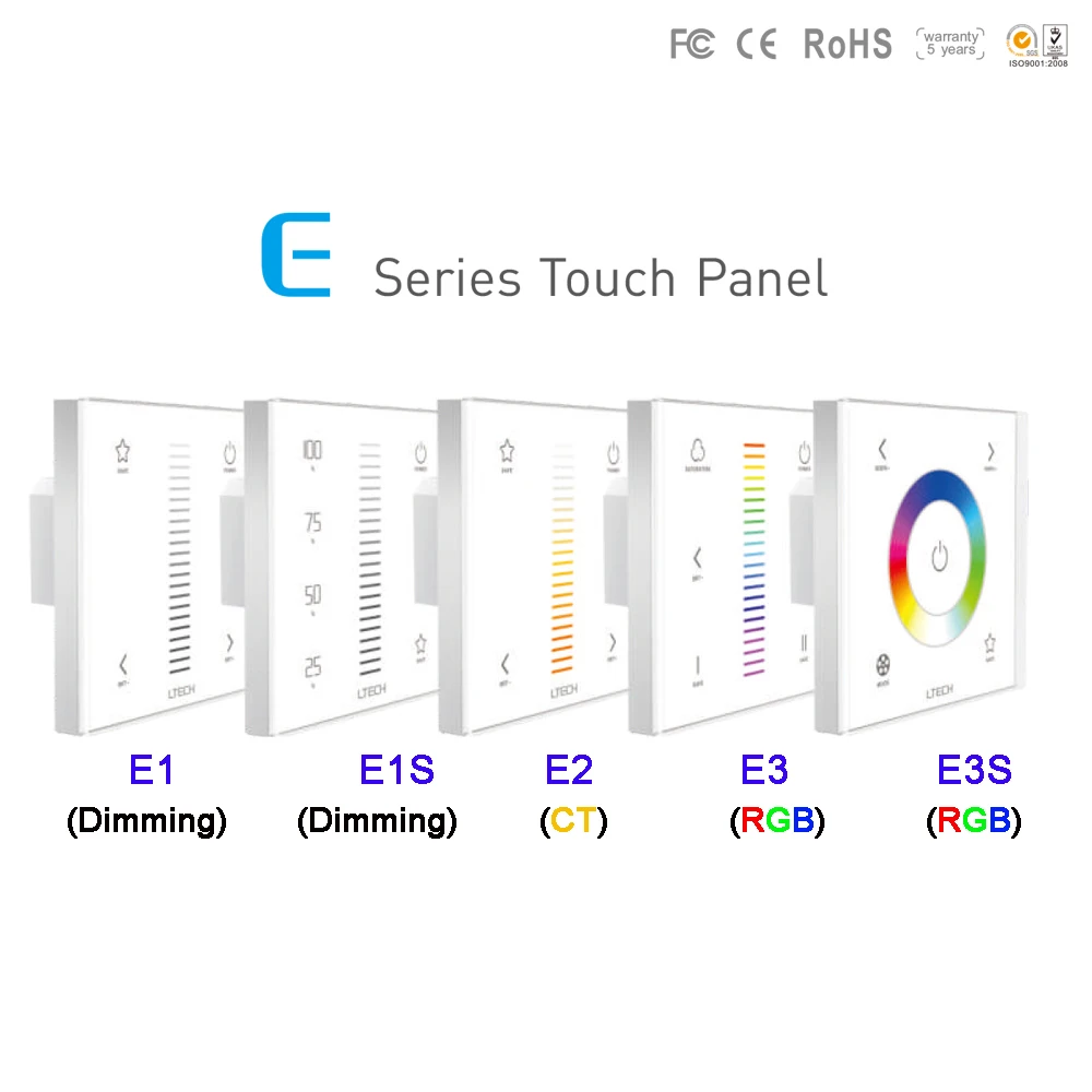 

E1/E1S/E2/E3/E3S Wall Mount 2.4GH RF Dimming/CT/RGB led touch panel dimmer DC12-24V Max 4A/8A/12A led strip switch controller