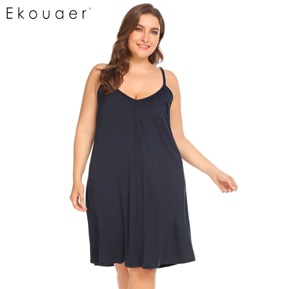 Ekouaer размера плюс ночная рубашка женская XL-5XL одежда для сна платье Повседневная Однотонная ночная рубашка без рукавов с v-образным вырезом летнее платье для сна