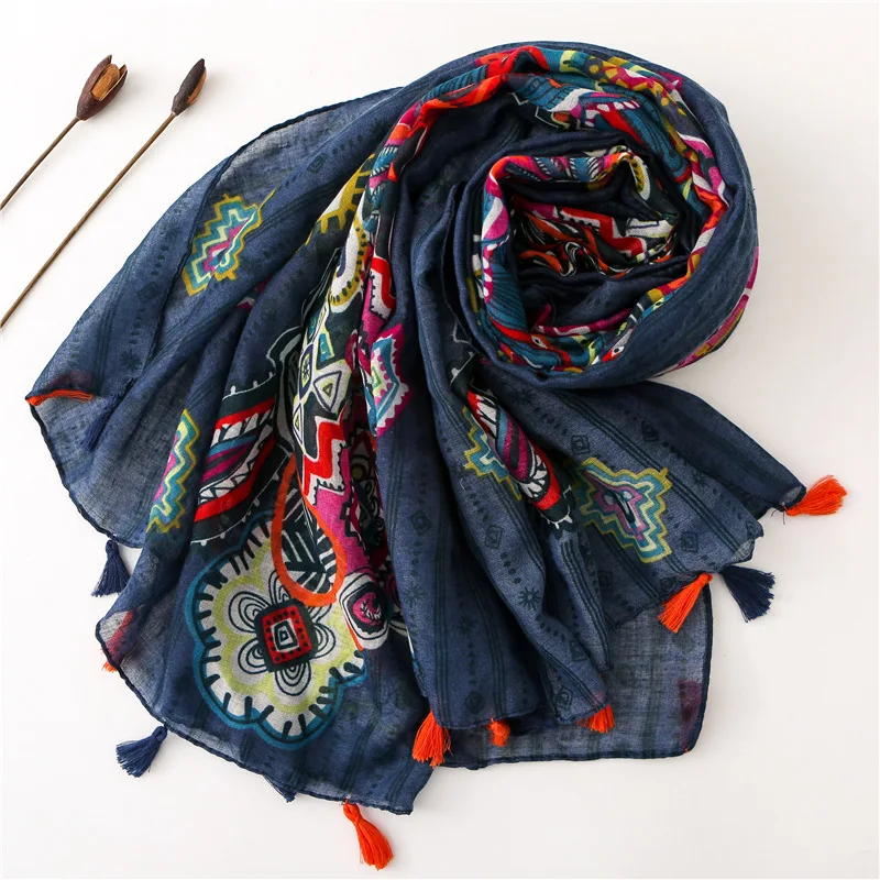 Women Scarf Autumn African Floral Tassel Viscose Scarf Luxury Brand Shawls and Wraps Soft Warm Cover-Up Muslim Hijab