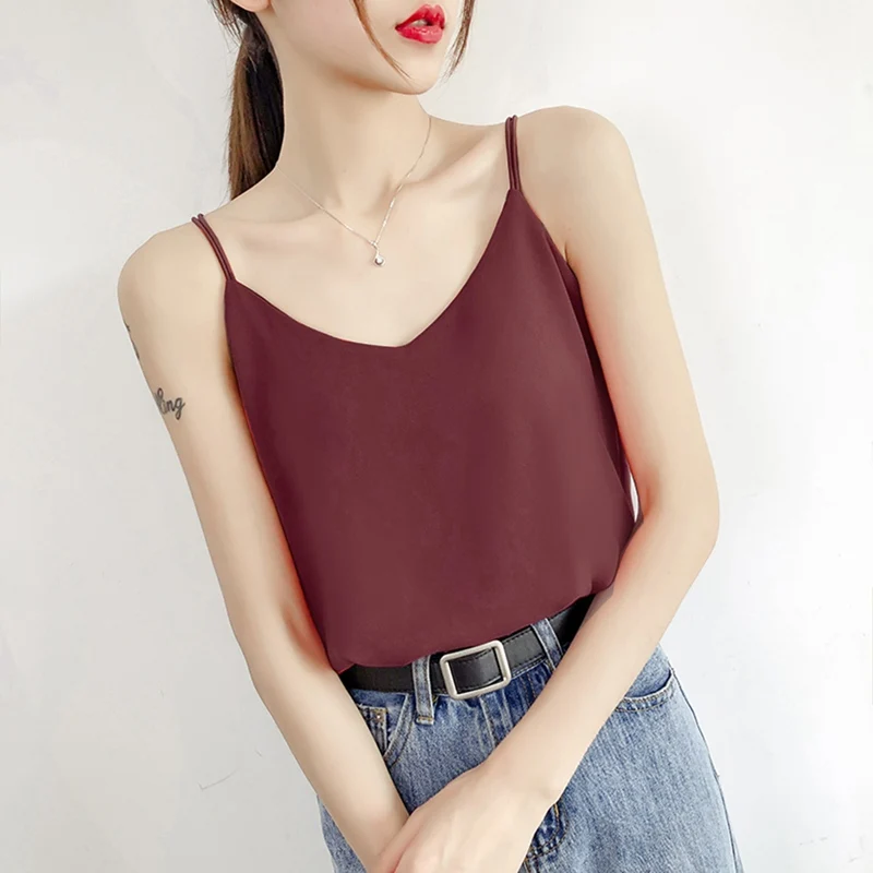 

Casual Sleeveless Tanks For Women Double Slim Straps Camis Shirt Loose Summer Chiffon V-Neck Camisole Female Shirt