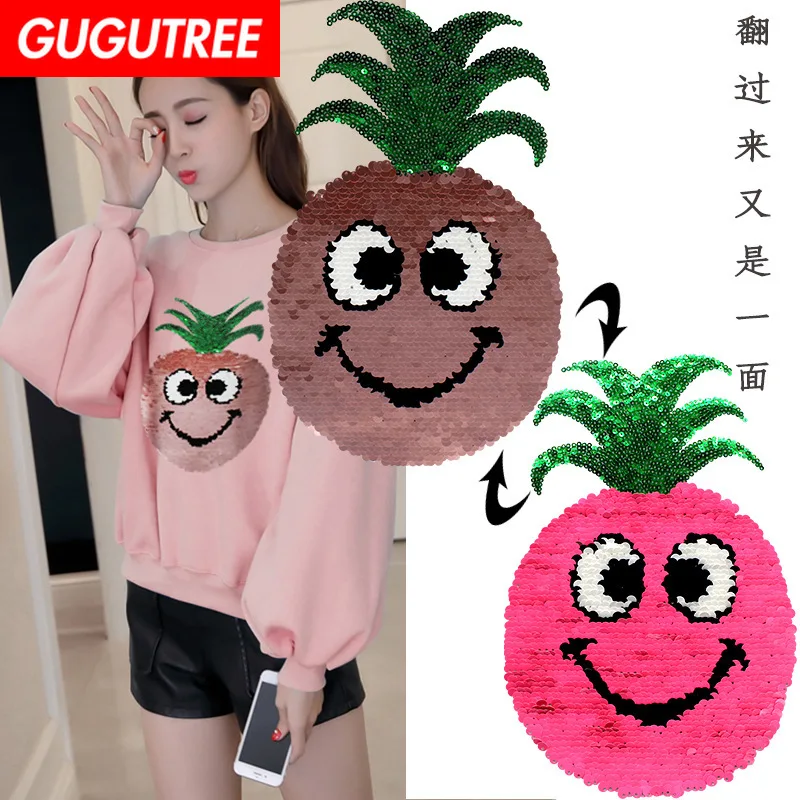 

GUGUTREE embroidery Sequins big pineapple patches fruits patches badges applique patches for clothing XC-286