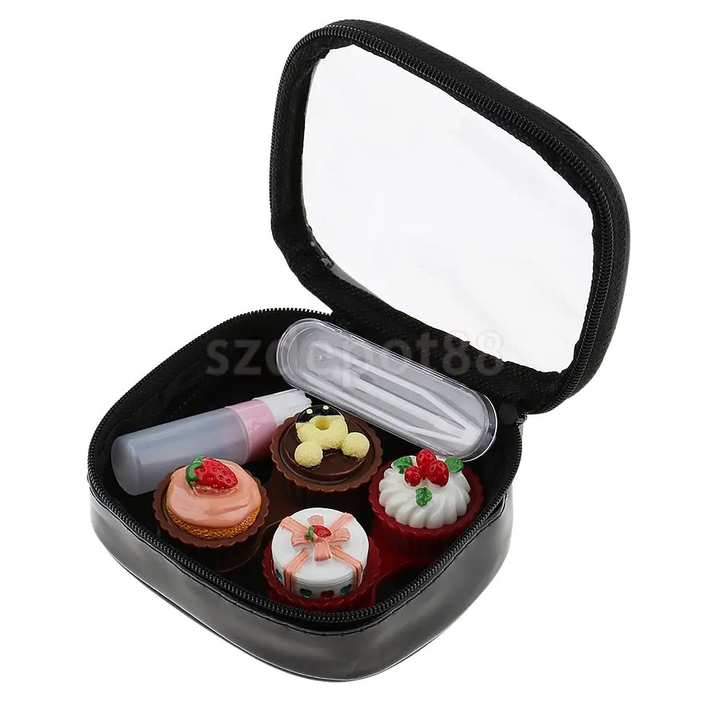2 Set Mini Contact Lens Box Travel Cartoon Cute Cream Cake Contact Lenses Holder with Storage Zipper Pouch Black/ Rose Red
