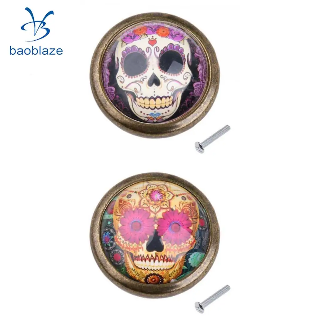 2pcs Vintage Brass Door Cabinet Cupboard Knobs Round Pull Handle Drawer Furniture Hardware - Skull
