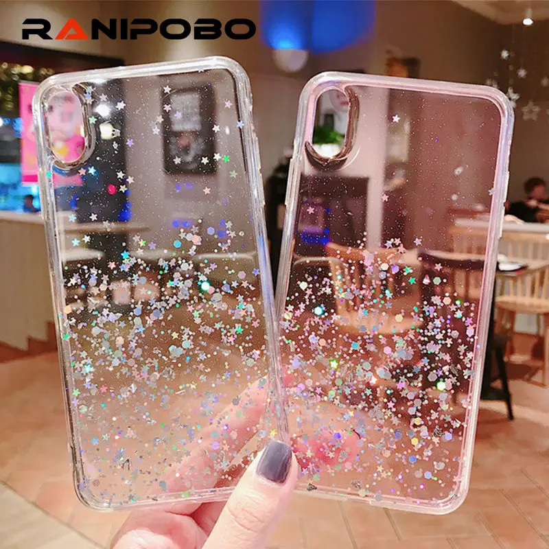 

Transparent Glitter Bling Sequins Case For iPhone 8 7 Plus 6 6S Plus Epoxy Star Soft TPU Clear Cover Case For iPhone X XR XS MAX