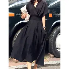 Летнее повседневное сексуальное элегантное корейское офисное винтажное женское платье миди черное свободное однотонное женское модное платье с высокой талией