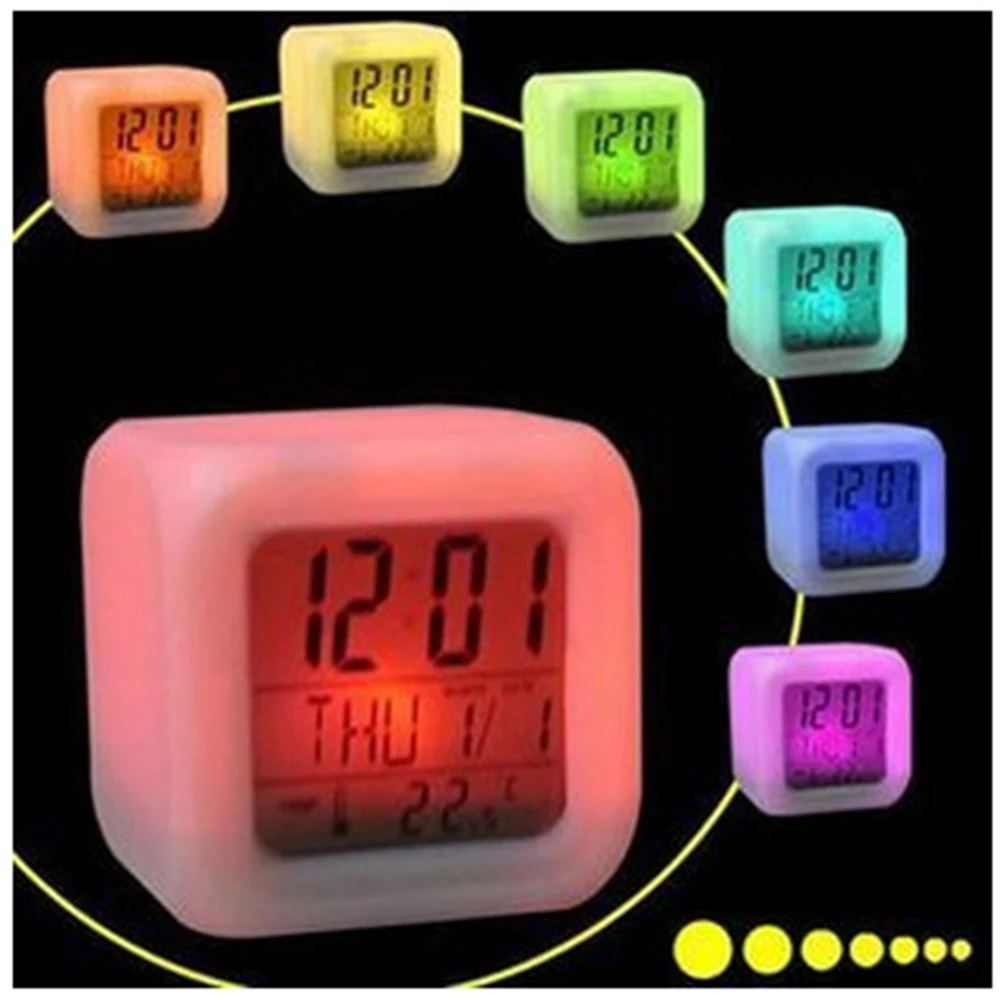 

LED Alarm Clock 7 Colors Changing Digital Desktop Clock Night Light Glowing In Dark Cube LCD Clocks Thermometer Home Decor Gift