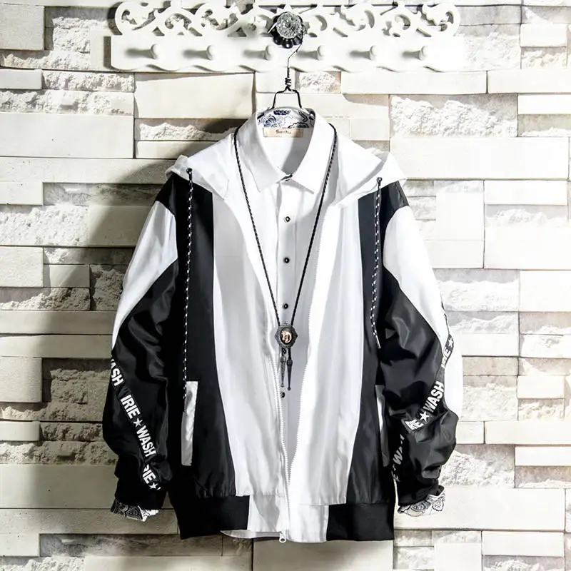 

Men Jackets Spring Autumn Jacket Patchwork Hooded Jacket Causal Korea Style Coat Outwear Male Plus Size