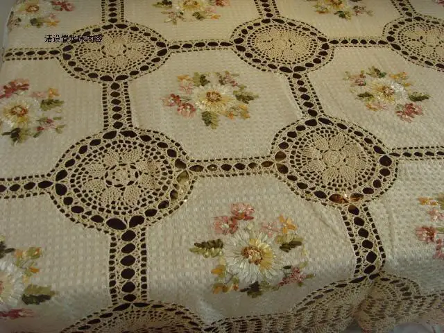 2015 free shipping cotton crochet lace tablecloth with ribbon embroidery flowers lace table towel for home decor overlay skirt - Image 4