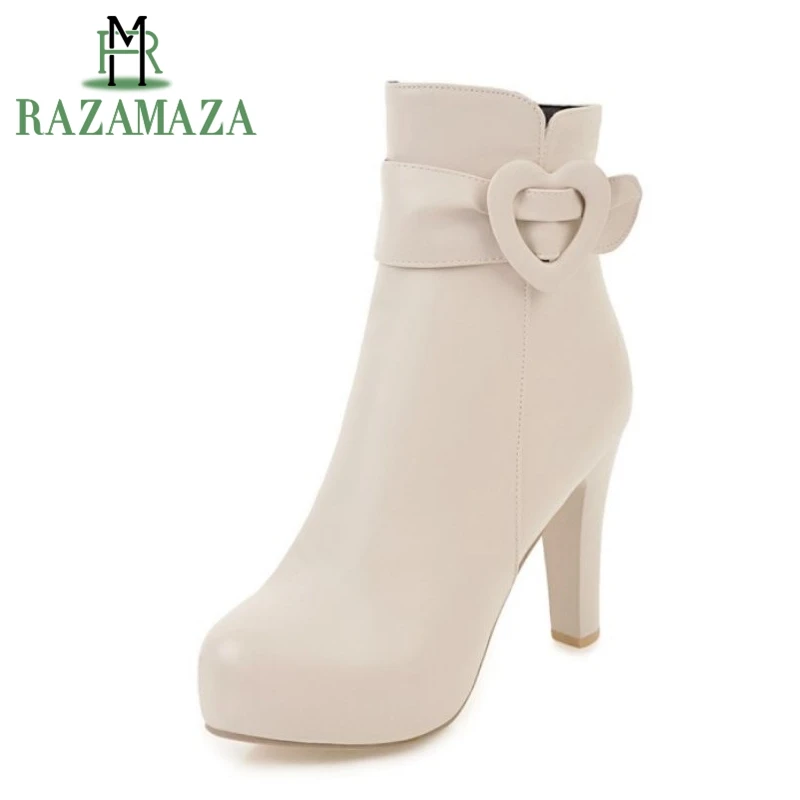 

RAZAMAZA Office Lady High Heel Ankle Boots Women Round Toe Zipper Buckle Zipper Platform Boot Sexy Dating Footwears Size 34-43