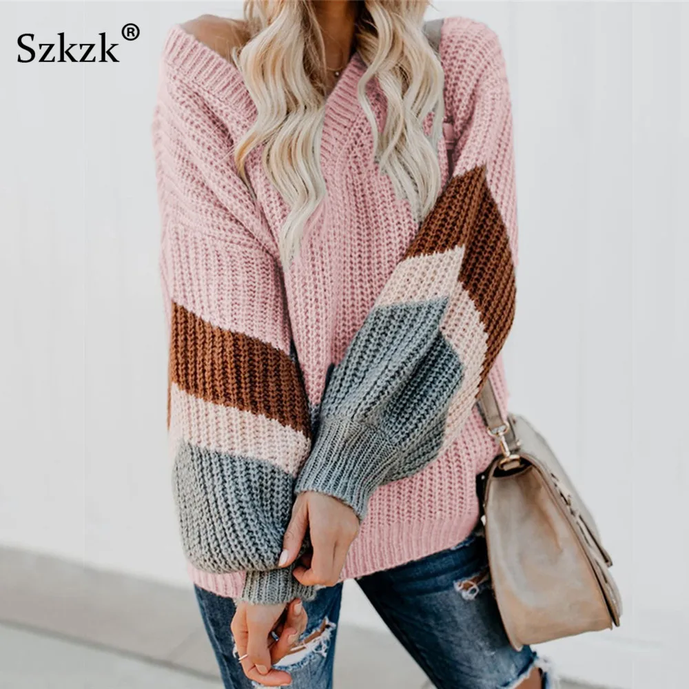 Szkzk цвет блок трикотаж осень джемпер свободный свитер женщина зима пуловер фонарь длинный рукав вязаный Топ V шеи свитера - Цвет: Розовый