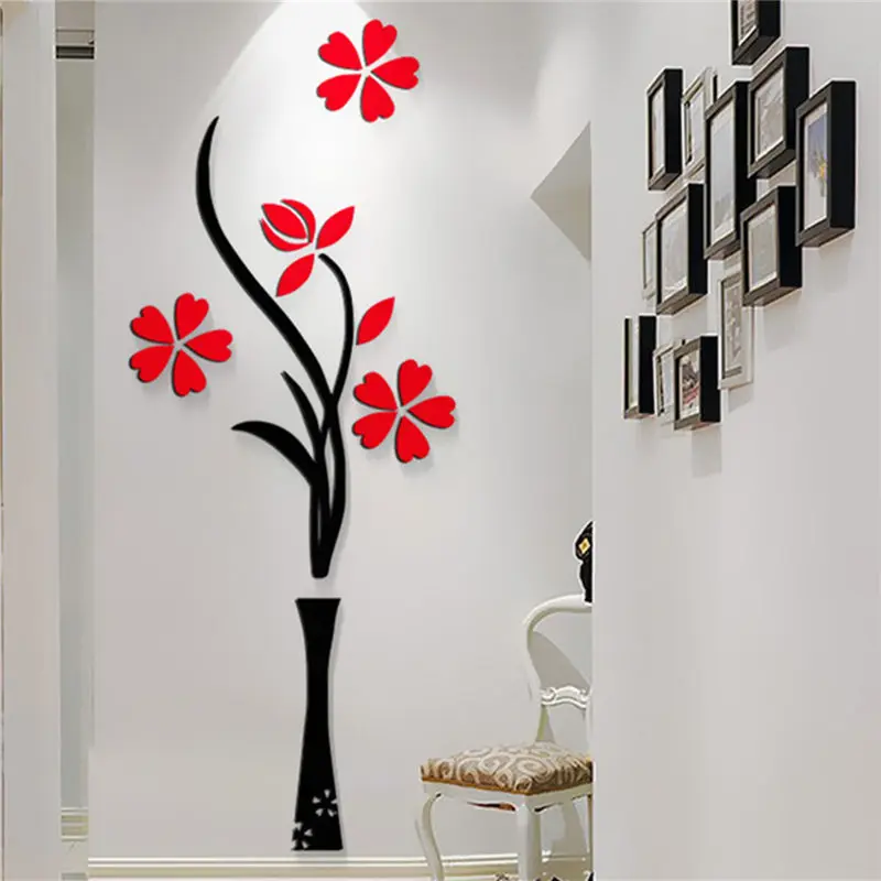 new beautiful design red the plum flower vase acrylic art sticker 3d wall stickers diy home