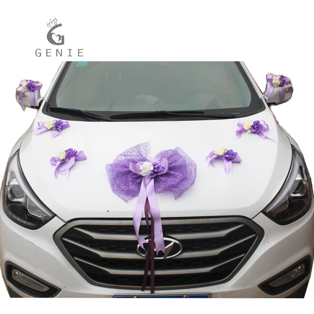 Genie Tulle Bowknot Foam Rose Wedding Car Decoration Set Marriage Genie Tulle Bowknot Foam Rose Wedding Car Decoration Set Marriage Room Decor Purple Supplies Artificial