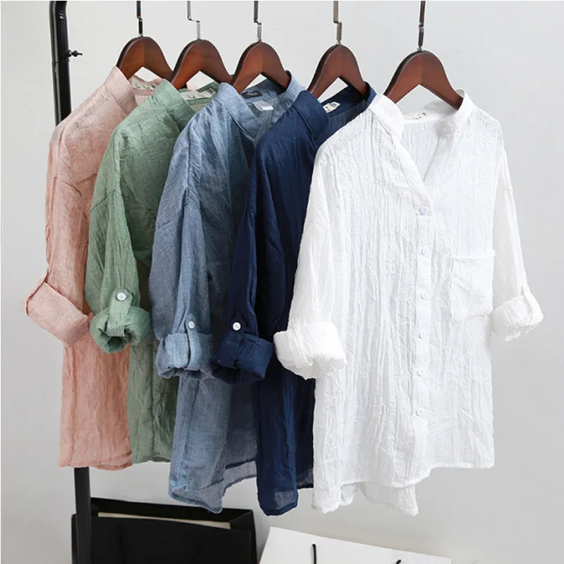 White Cotton Linen Long Sleeve Women's Shirt V neck Button Pocket ...