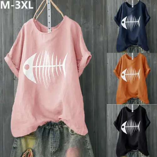 

Sexy Women Fashion Casual Summer Tee Loose Fishbone printing Crew Neck Top Short Sleeve Round Neck T-Shirt Plus