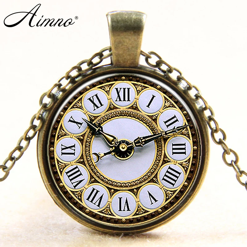 Vintage Pendant Necklace Clock Pattern Bronze Plated Time Glass Alloy