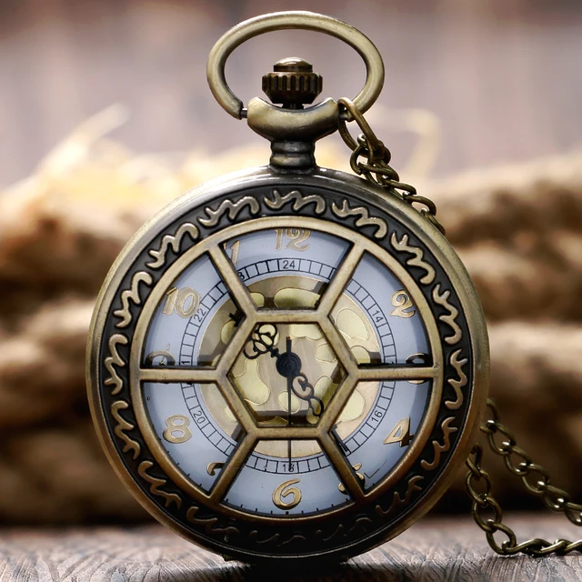 Exquisite Bronze Skeleton Design Men Women Quartz Pocket Watch Hexagonal Case De Exquisite Bronze Skeleton Design Men Women Quartz Pocket Watch Hexagonal Case De