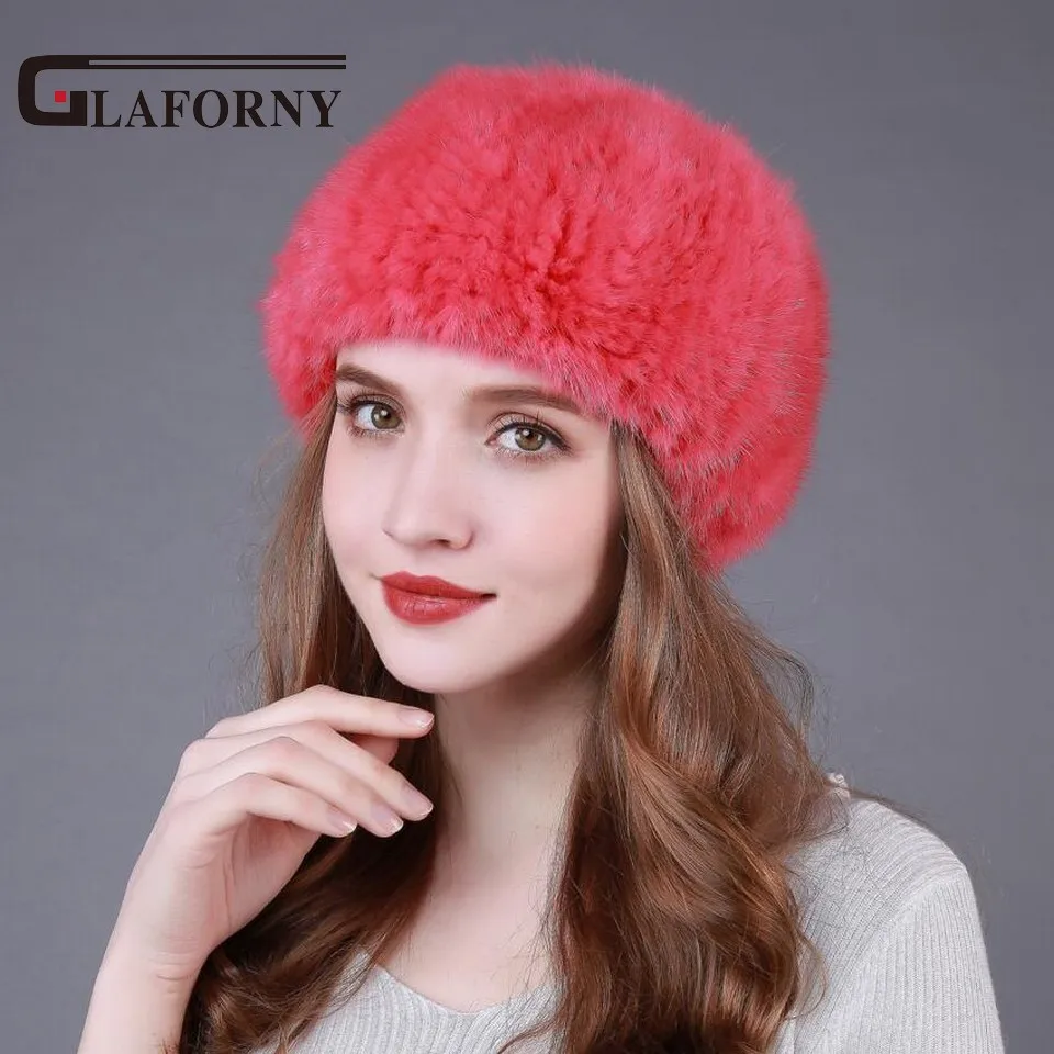 Glaforny 2017 النساء الشتاء الفراء القبعات ريال فرو منك قبعة محبوك القبعات روسيا جديد وصول الأزياء نوعية جيدة الإناث عارضة قبعات