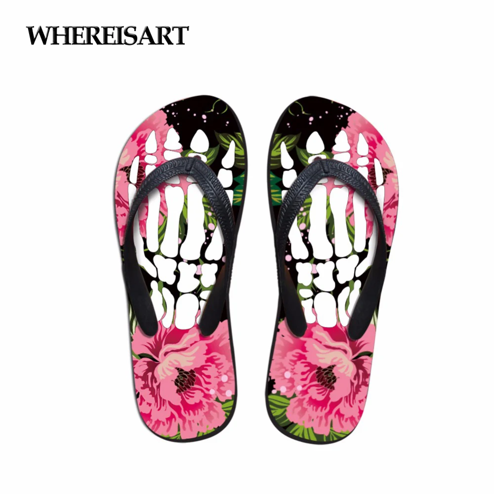 

WHEREISART New Summer Women House Slippers Floral Design Flats Ladies Non-slip Flip Flops 3D Bone Casual Beach Sandals Female
