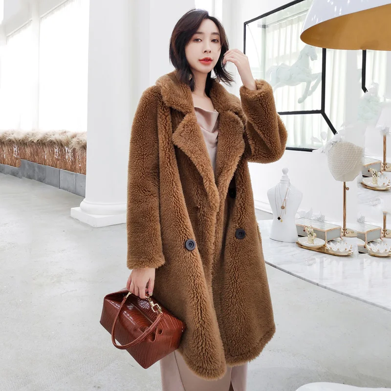 Корейское Новое модное натуральное пальто из натурального овечьего меха женская зимняя парка одежда с мишкой Тедди длинная однотонная куртка из натуральной шерсти меховое пальто