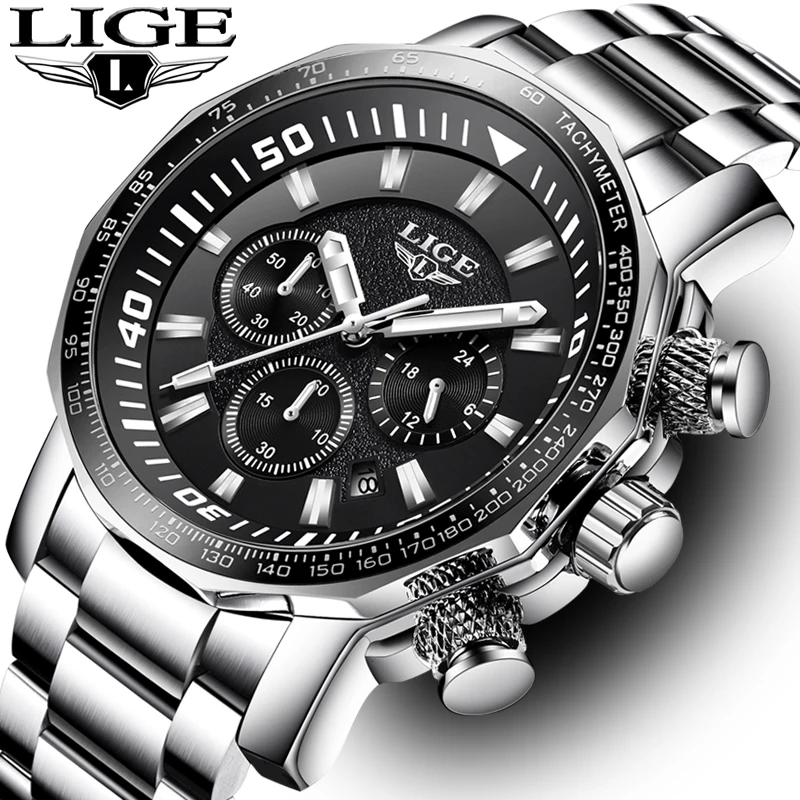 

LIGE Quartz Waterproof Luxury Sport Style Men Watches Brand Stainless Steel Bracelet Chronograph Complete Calendar Reloj Hombre
