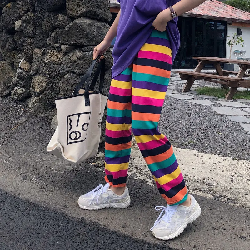 

Woherb 2019 Summer Harajuku Rainbow Striped Straight Pants Women Elastic High Waist Trousers Modis Casual Pant Pantalon Femme