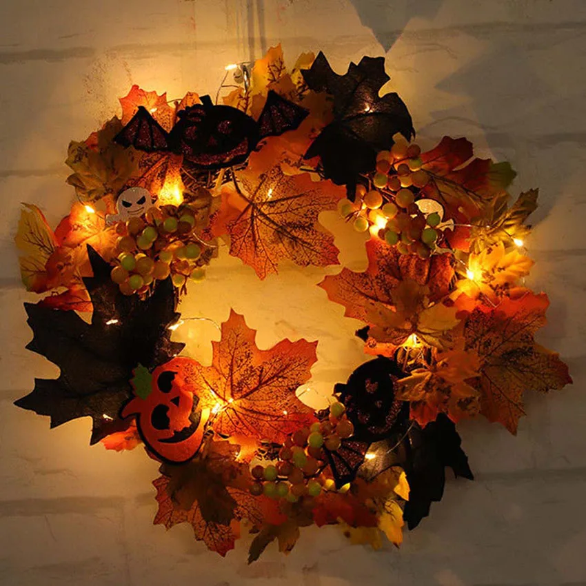Halloween Wreath Garland Pumpkin Skull Hallowmas Decoration Light