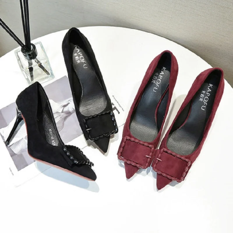 Корейская версия для поездок, с острым носком, винно-красного цвета, с пряжкой, на шпильках, для работы, на высоком каблуке, 19 Весенние новые тонкие туфли для женщин