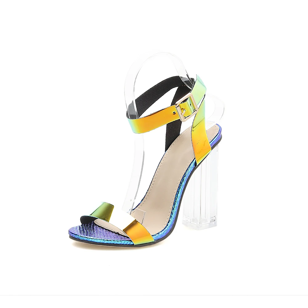 Fashion PVC Serpentine Women Buckle Strap Sandals For Summer Peep Toe Ladies Sqare Transparent Crystal heels Shoes