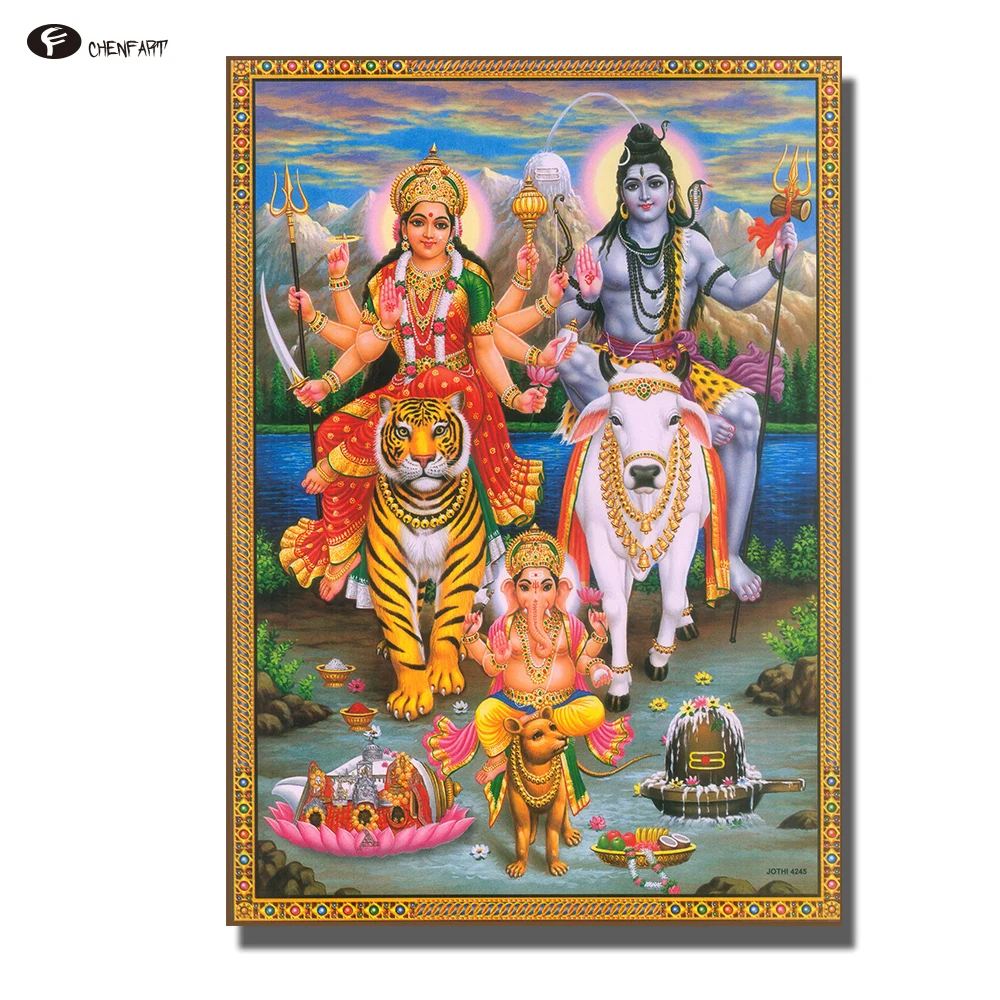 

CHENFART Buddha Wall Art Shiva Parvati Ganesha Oil Painting Canvas Wall Pictures for Living Room no Frame