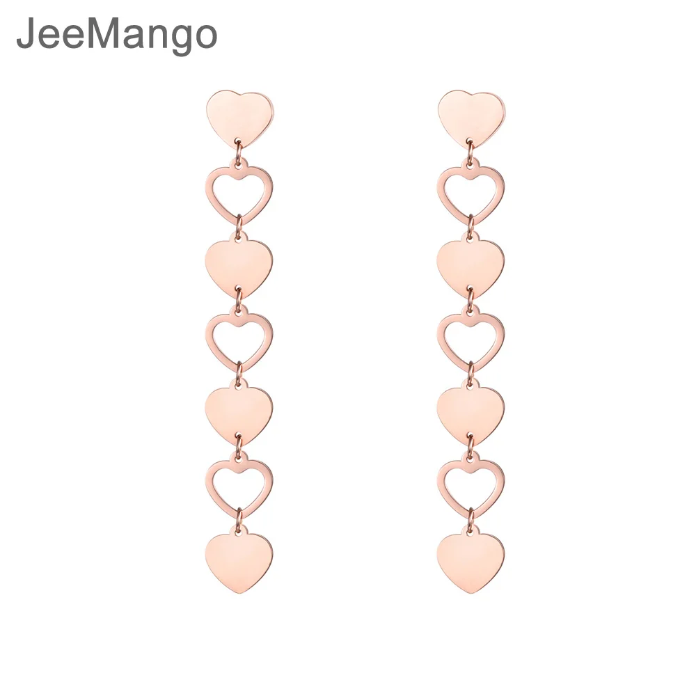 JeeMango Любовь Сердце длинные серьги для женщин Мода из нержавеющей стали розовое золото серьги с кисточками ювелирные изделия Pendientes E18492
