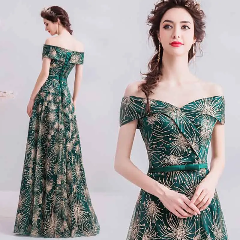 

2019 Luxury Strapless Green Dresses Noble Sequins Organza A-Line Unidue Party Evening Host Dresses For Women Plus Size XS-3XL