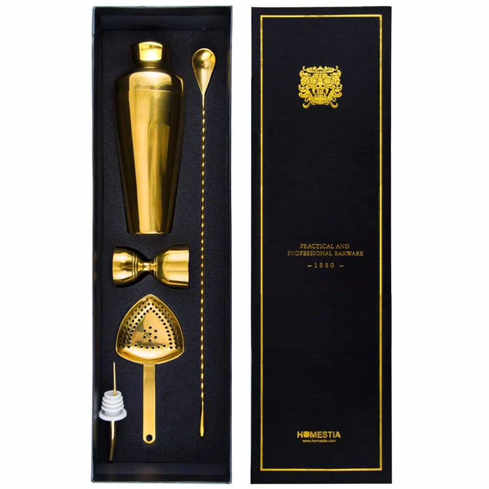 Luxury Gold plated Euro Style 5pcs Bar Tools Set Bartender Cocktail