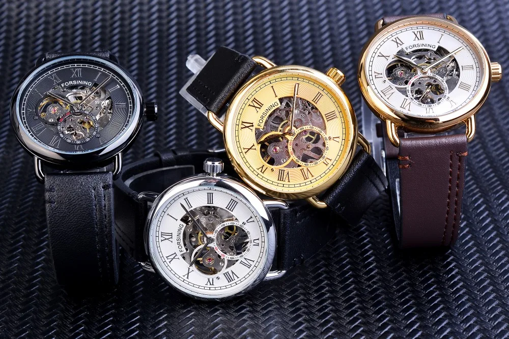 Forsining черный золотой Римский номер часы секунд стрелки независимый дизайн механические наручные часы для мужчин Водонепроницаемость