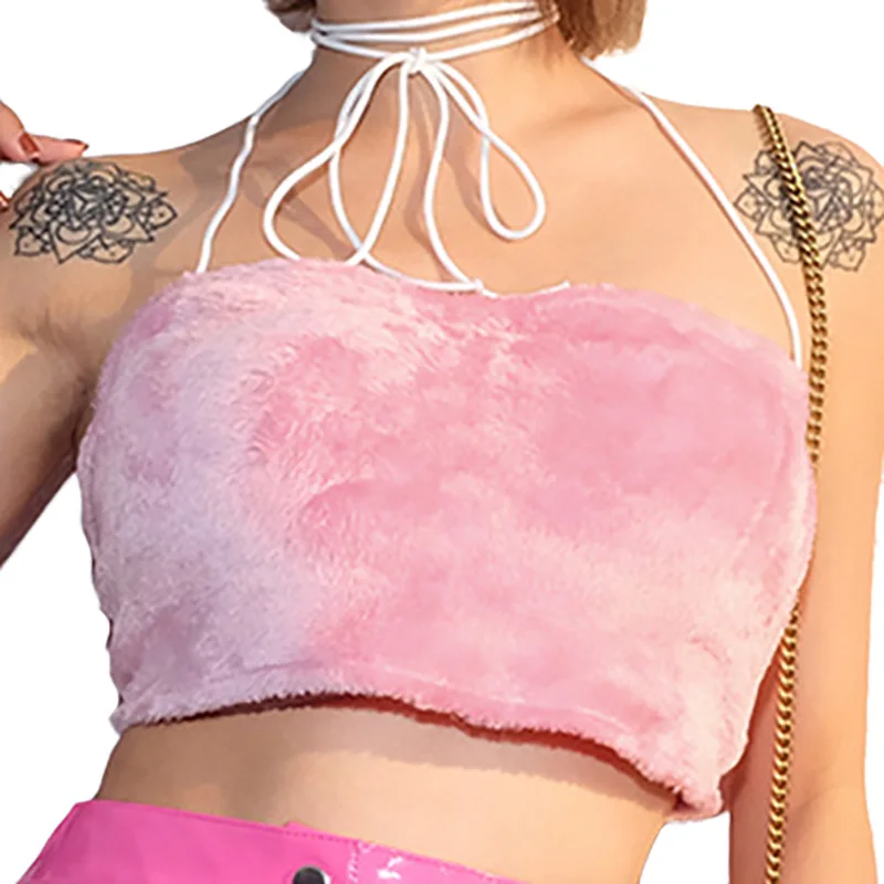

Spring Summer Autumn Crop Tops Women Pink Velvet Strapless Sleeveless Camisole Female Off Shoulder Halter Top Lace Up Camis