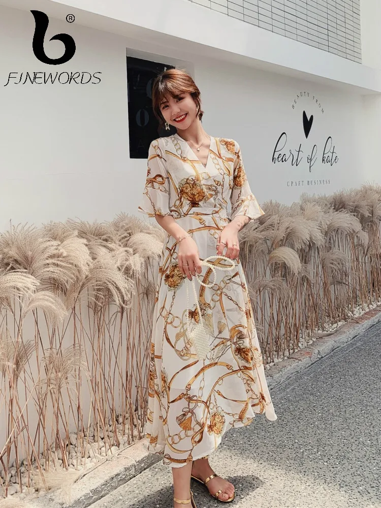 

FINEWORDS Vintage Summer Dress Long Boho Beach Style Floral Print Chiffon Dress Short Sleeve Plus Size Elegant Flower Dress