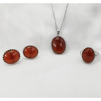 

Guaranteed Sterling Silver 925 Jewelry Set Simple Oval Shape Women's With Natural Red Agate Gemstone Necklace Earrings And Ring