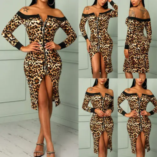 Новые женские сексуальные леопардовые с открытыми плечами, вечернее вечерние Клубные закрытый купальник бодикон платье
