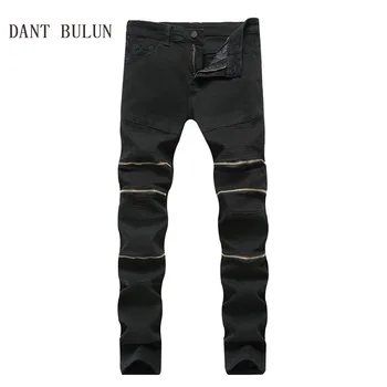 

2020 High Quality Men Jeans Ripped Biker Slim Skinny Motocycle Multi Zipper Denim Trousers For Male Black Holes Pants,S001