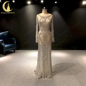 شراءJIALINZEYI الصورة الحقيقية الفاخرة كاملة الخرز كريستال طويل الأكمام البني الرسمي فساتين السهرة فساتين 2019