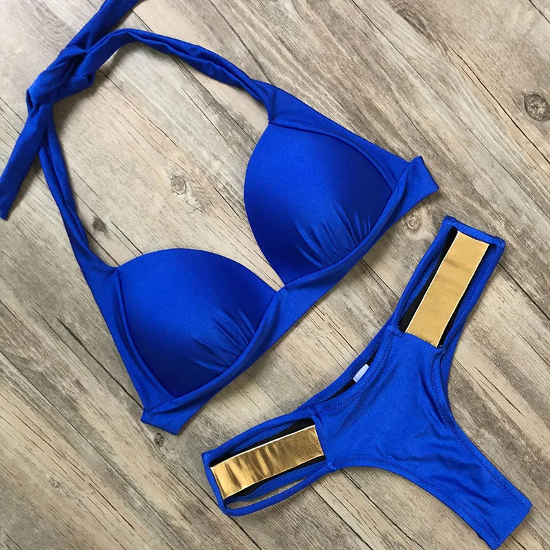 2018 Sexy Blue Gold Stamping Swimsuit Thong Women Bandage Bikini Set Halter Push Up Swimwear Padded Bra Female Bathing Suit