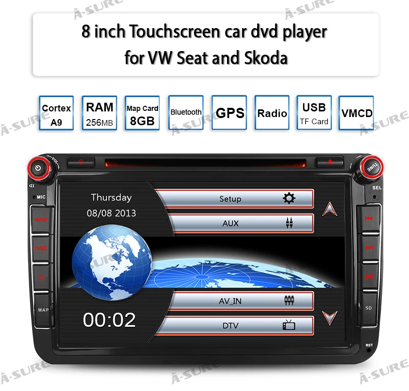 Flash Deal A-Sure 8 Inch 2 Din Car Radio DVD Player Navi For Volkswagen VW Passat Skoda T5 Polo Sharan TOURAN TIGUAN GOLF 5 6 Skoda Seat 4