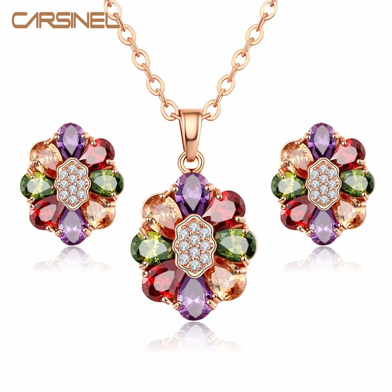 

CARSINEL Fashion Multi Color Flower Shape Zirconia Jewelry Sets CZ Copper Necklace&Earrings Rose Gold-color Sets for Women