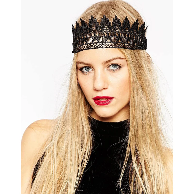 Women Hairbands Sexy Queen Black Hollow Out Lace Flower Crown Headwear