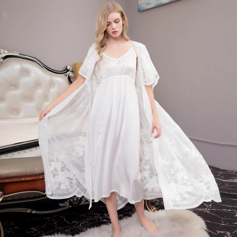 Женский кружевной костюм белый длинный банный из двух предметов|women bathrobe sexy|sexy women