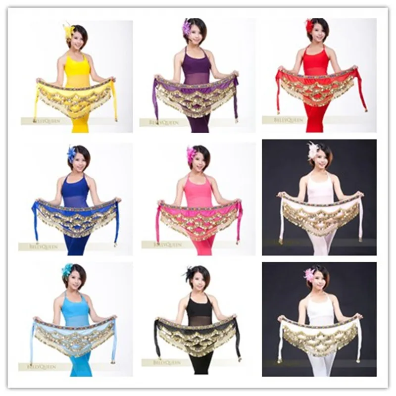 

100pcs Women Dancewear Clothing Triangle Belt Colored Rhinestone Adjustable Fit 328 Gold Coins Organza Belly Dance Hip Scarf