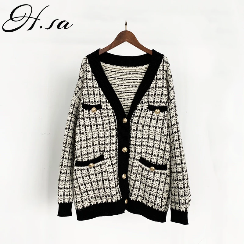 

H.SA Women Sweater Jacket 2020 Oversized Knitted Cardigans Loose Plaid Jumpers Korean Clothing Robe Long Elegnat Female Coat