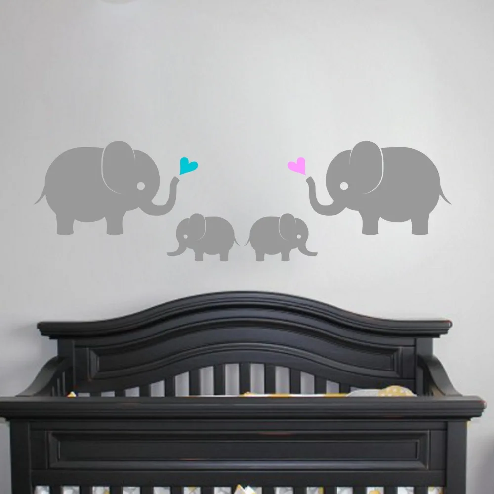 Elephant Family with Twins Wall Vinyl Decal Sticker 4 Elephants Hearts