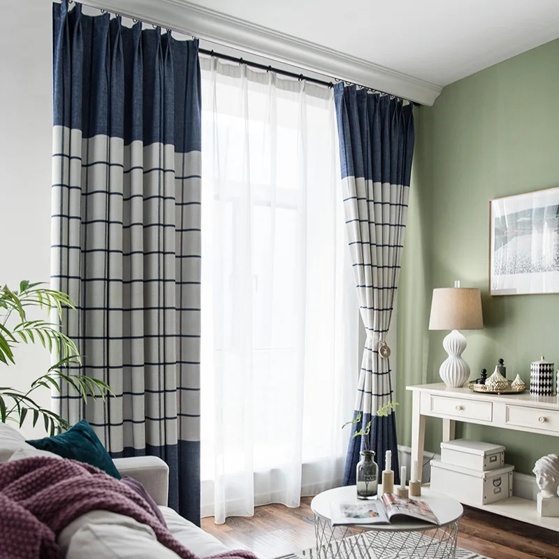 

Northern Europe Simple Cotton Hemp Snow Neal Solid Color Lattice Shading Curtains for Living Dining Room Bedroom.