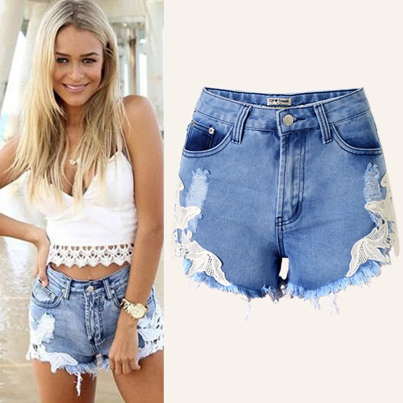 Jean shorts women summer fashion lace patchwork sexy ripped jeans ...