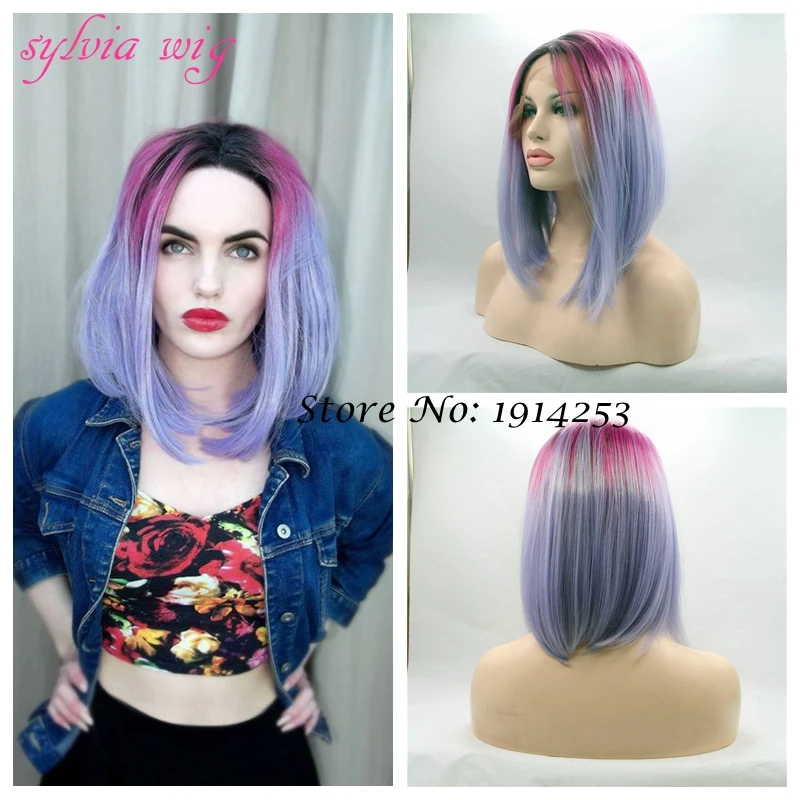 

Heat resistant synthetic Lace front Wig ombre black red to light purple with dark root mermaid hair for women fashion short wig
